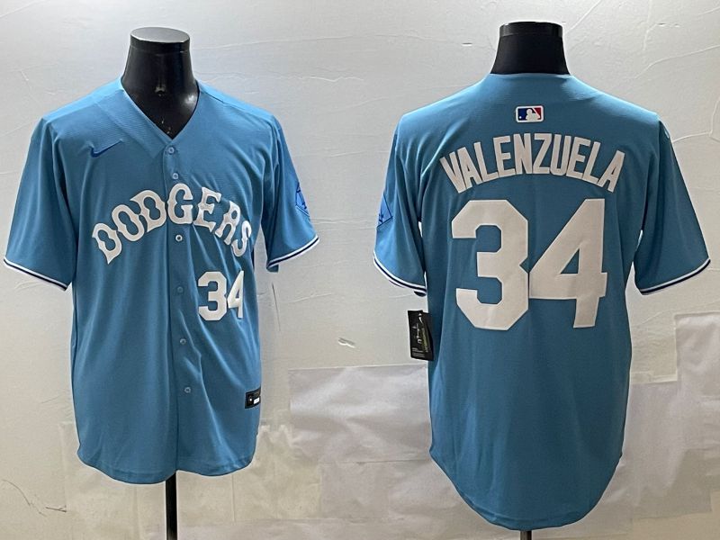 Men Los Angeles Dodgers 34 Valenzuela Light Blue Joint Name 2025 Nike MLB Jersey style 3167